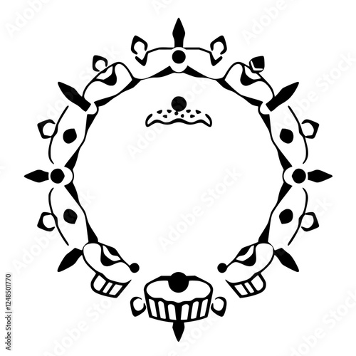 Circular Black-and-White Graphic of a Wreath with Ornate Details