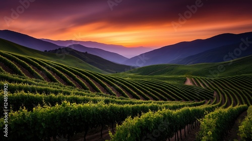 Wallpaper Mural A breathtaking mountain vineyard at sunrise with rolling green hills, vibrant grapevines, and a colorful sky blending shades of orange, purple, and blue Torontodigital.ca