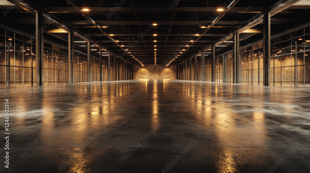 futuristic warehouse room dark mirror glossy 3d rendering illustration with concrete grunge floor dark interior with lights shining from the sides futuristic warehouse room dark mirror glossy 3d rendering illustration with concrete grunge floor dark interior with lights shining from the sides