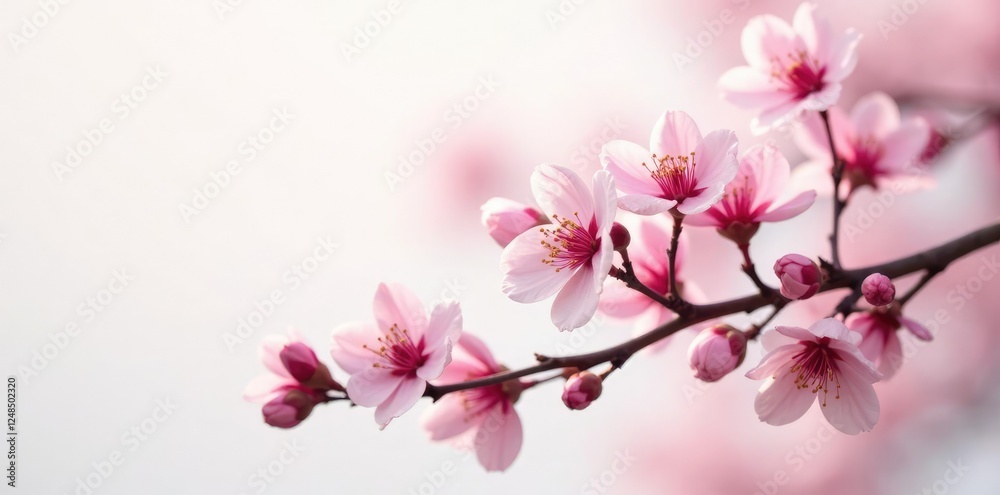 Delicate pink flowers unfolding on bare branches, white background, bloom Delicate pink flowers unfolding on bare branches, white background, bloom