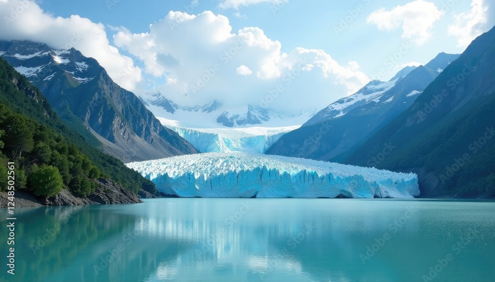 Obraz premium Glacier calving in front of majestic mountain backdrop, peaceful, serene