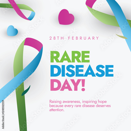 World Rare Disease Day 28 February 2025. Rare disease day poster in solid white background with awareness ribbons describes the purpose of raising awareness and inspiring hope. Vector Illustration.