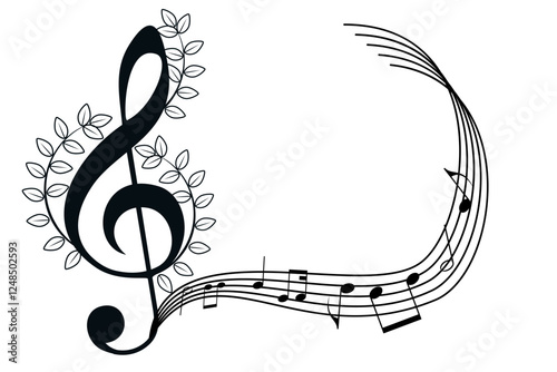 Black treble clef sign, decorated music key symbol, musical melody illustration, notes sound icons. Musical background, design fest card, jazz poster, concert performance banner. Copy space, isolated