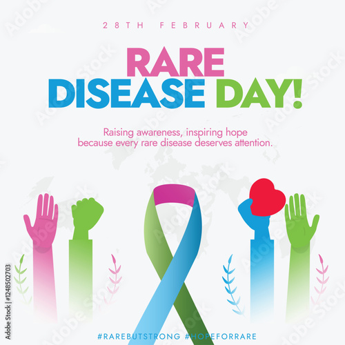 28 February World Rare Disease Day. Rare disease day poster with raised hands and a ribbon or heart encourages awareness and hope for those affected by rare diseases. Raising Awareness. Illustration
