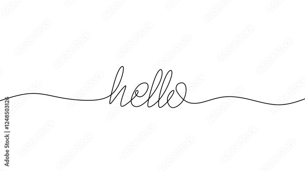 HELLO handwritten inscription. Hand drawn lettering. Animated calligraphy. One line drawing of phrase. Continuous black line drawing word Hello. Minimalist hello concept. Animation video