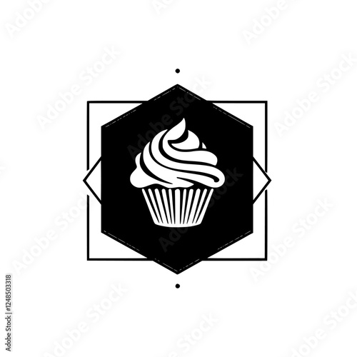 Minimalist cupcake design icon with a black hexagon with a cake