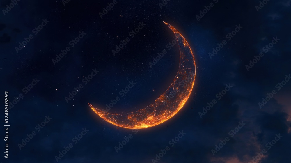 Fiery Crescent Moon in Starlit Night Sky Fiery Crescent Moon in Starlit Night Sky