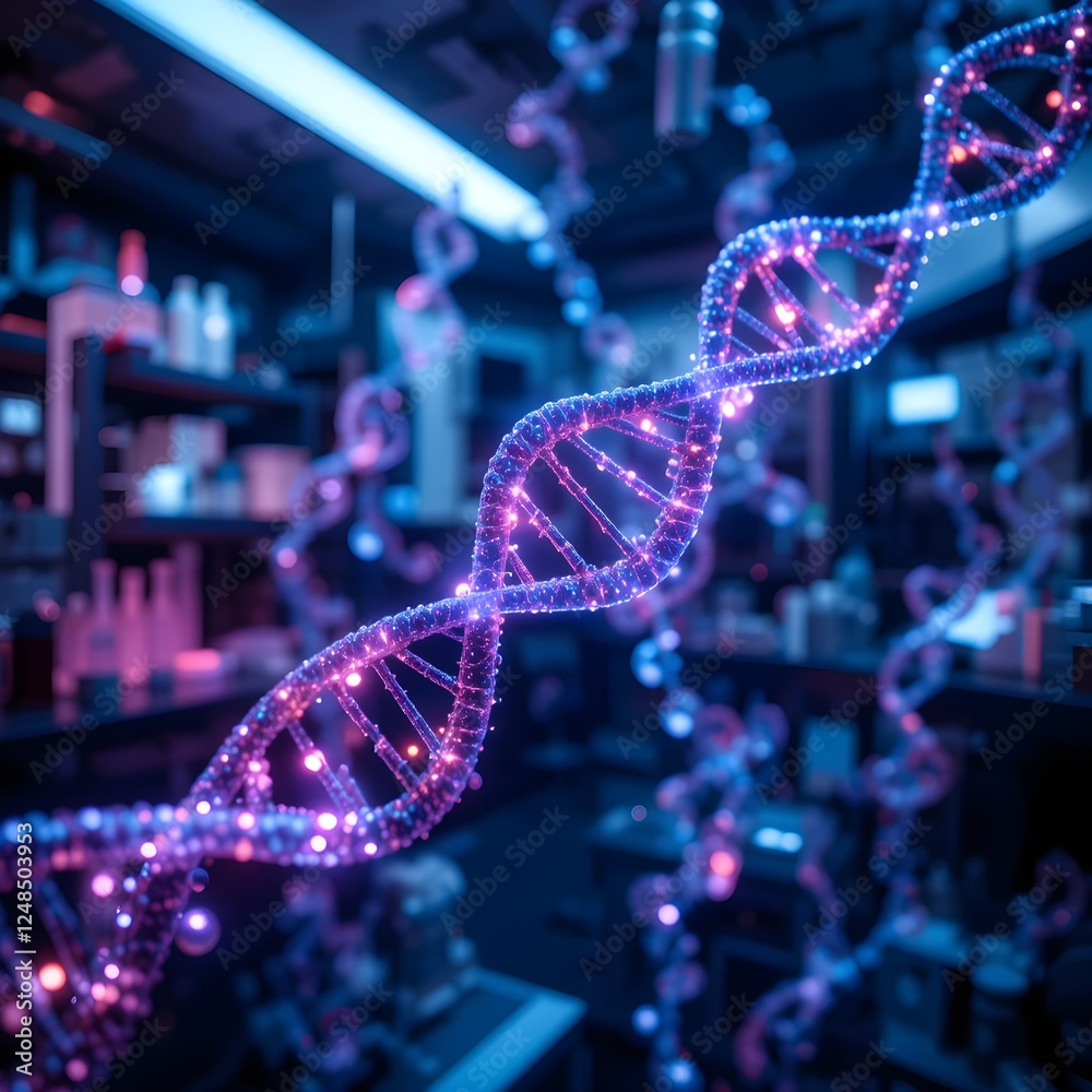 DNA strands glowing in a high-tech medical research lab DNA strands glowing in a high-tech medical research lab