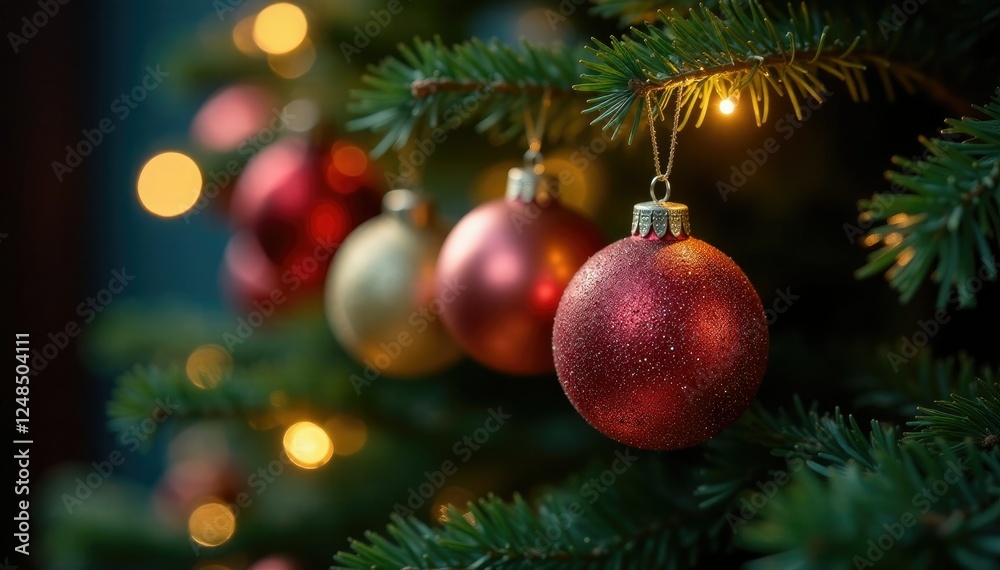 Glittering ornaments shine on the tree's branches, holiday, festive