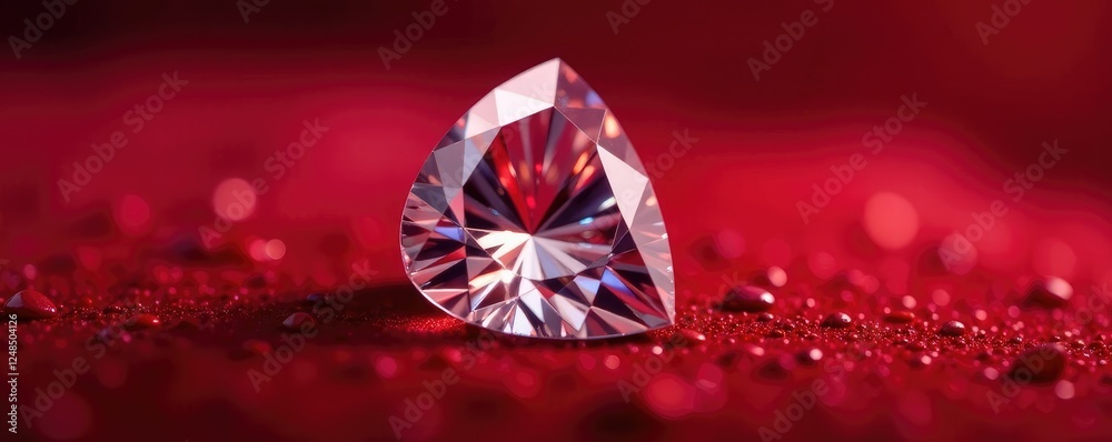 Fototapeta premium Glittering pear-shaped diamond on crimson velvet, background, red, velvet