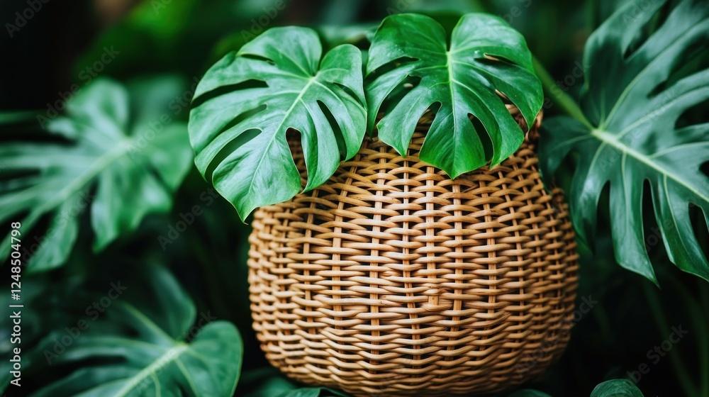 Fototapeta premium Wicker Basket Amidst Lush Tropical Foliage: A Still Life of Serenity