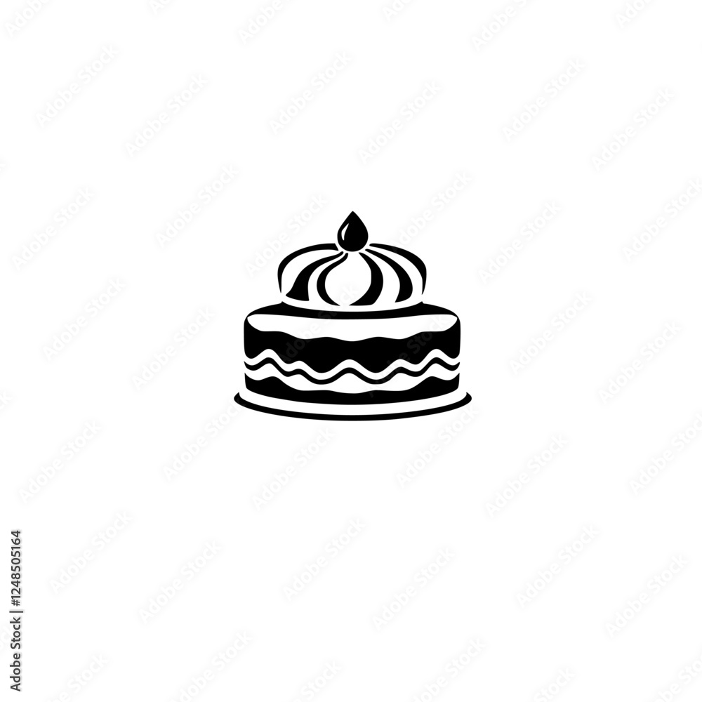 Black and white illustration of a two-tiered cake with a crown-shaped topping. Black and white illustration of a two-tiered cake with a crown-shaped topping.