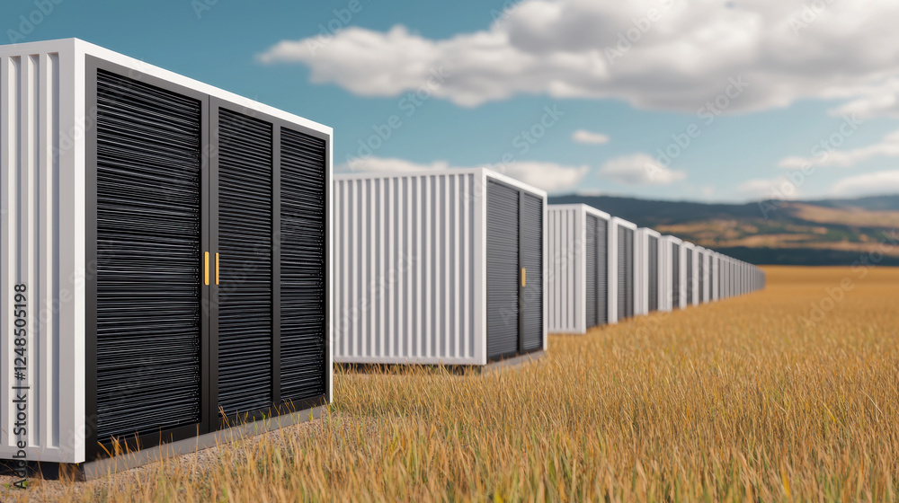 Futuristic energy storage units in solar field, showcasing innovation and sustainability. landscape features golden grass under bright sky, emphasizing harmonious blend of technology and nature Futuristic energy storage units in solar field, showcasing innovation and sustainability. landscape features golden grass under bright sky, emphasizing harmonious blend of technology and nature