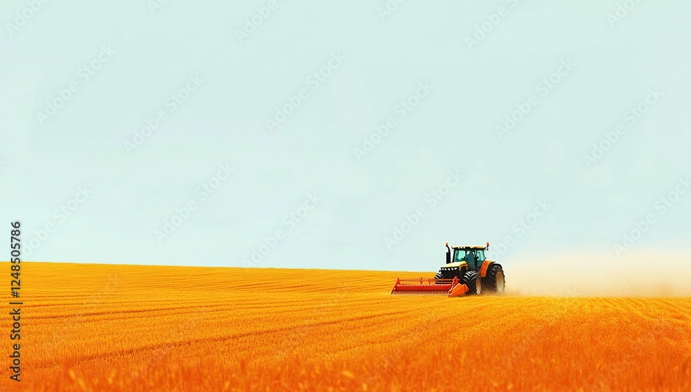 Fototapeta premium Tractor Harvesting Golden Wheat Field, Agricultural Machinery in Action, Rural Farming, Sunny Day Landscape, Serene Countryside Scenery