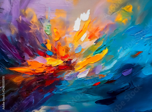 Vibrant brushstrokes blend in a double exposure style abstract painting. Dynamic colors of orange, blue, purple and yellow overlap, creating an expressive artwork.