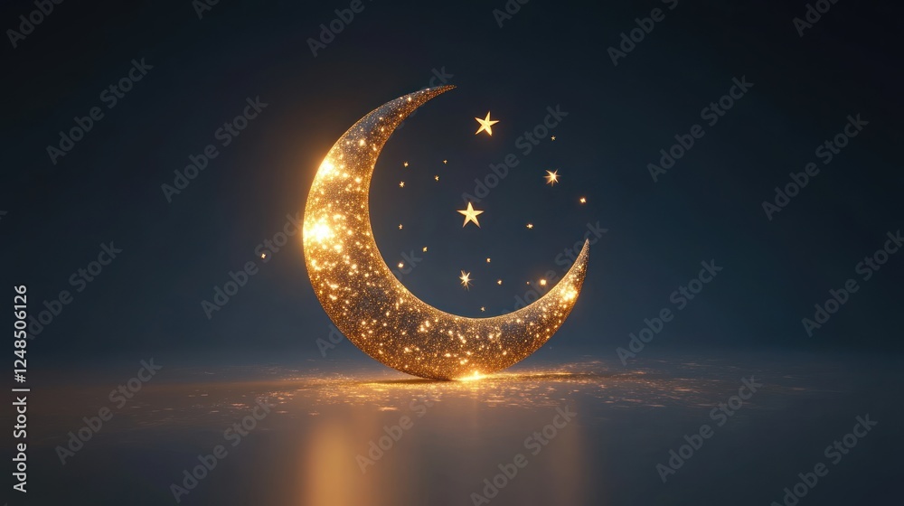 Obraz premium Golden Crescent Moon and Stars Night Sky Image