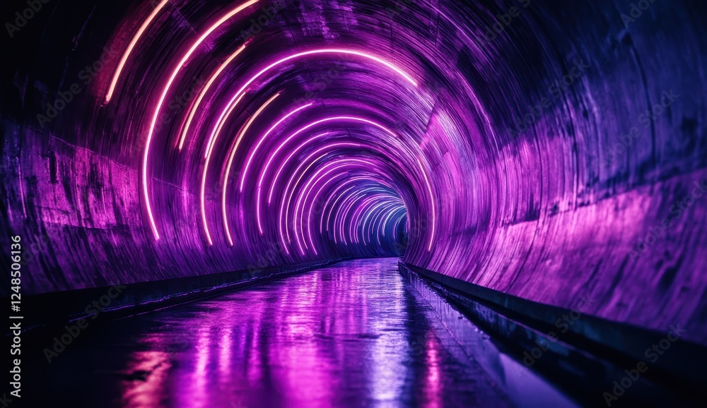Neon-lit tunnel with vibrant purple and pink lights reflecting on wet ground. Neon-lit tunnel with vibrant purple and pink lights reflecting on wet ground.