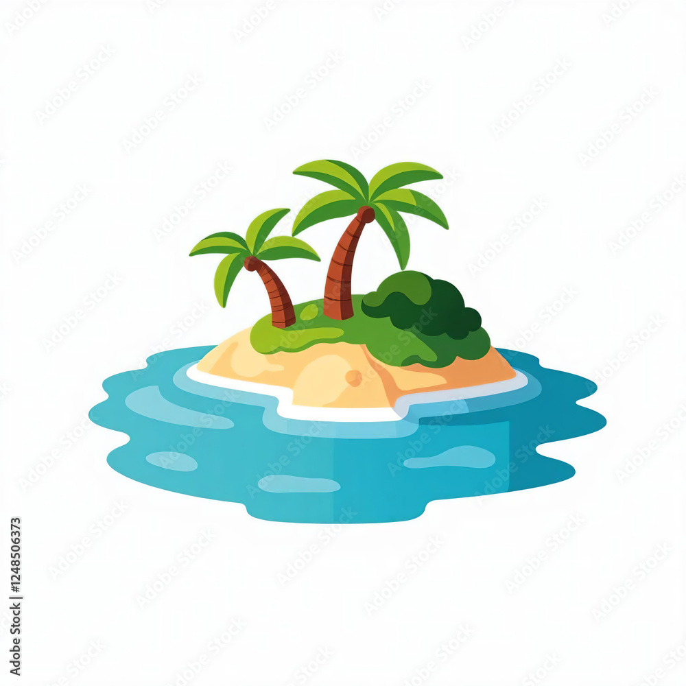 Obraz premium Cartoon Illustration of a Small Tropical Island with Palm Trees and Calm Ocean. On White Background. Element design. Vector illustration. Suitable for artwork design.