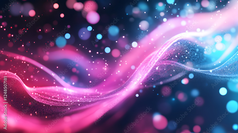 Fototapeta premium Glowing particles and waves create a spiraling vortex, emphasizing motion and energy in neon light tones.