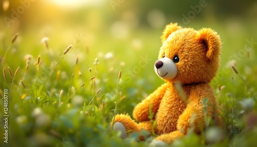 Colourful teddy in a grass