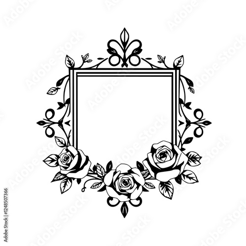 Black and White Flower Frame: A detailed, floral frame with roses, leaves.