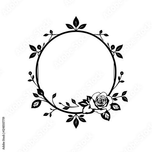 Floral circular frame design with a single rose and delicate leaf pattern, black and white.
