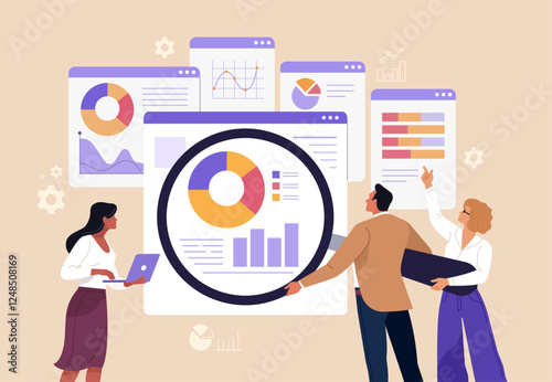 Business Data Analytics Concept. Vector illustration in flat style of a close-up group of people analyzing tabs with graphs and statistics. Isolated on background
