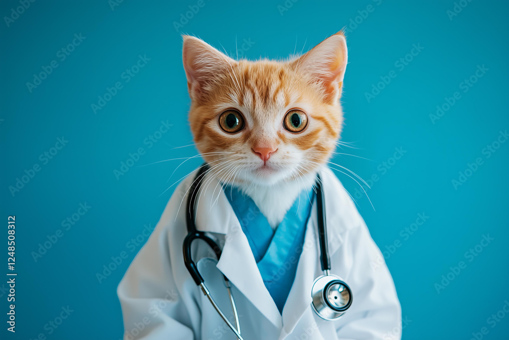 closeup photo of an adorable small cat dressed as a doctor, wearing a crisp white lab coat over a soft blue shirt, with a stethoscope draped around its neck, sitting attentively against a blue closeup photo of an adorable small cat dressed as a doctor, wearing a crisp white lab coat over a soft blue shirt, with a stethoscope draped around its neck, sitting attentively against a blue