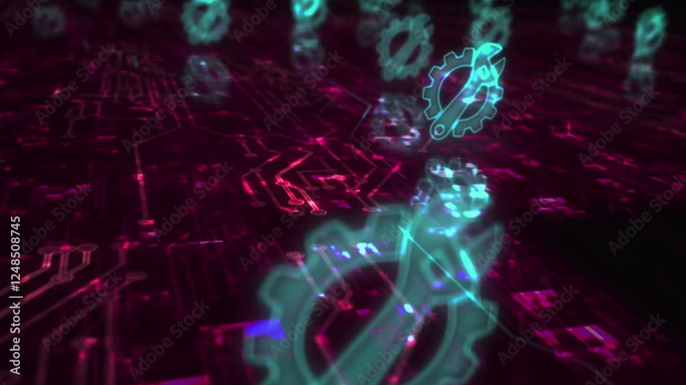Management setting gear maintenance and fixing symbol abstract cyber concept. Digital technology and computer background seamless and looped 3d animation. Management setting gear maintenance and fixing symbol abstract cyber concept. Digital technology and computer background seamless and looped 3d animation.