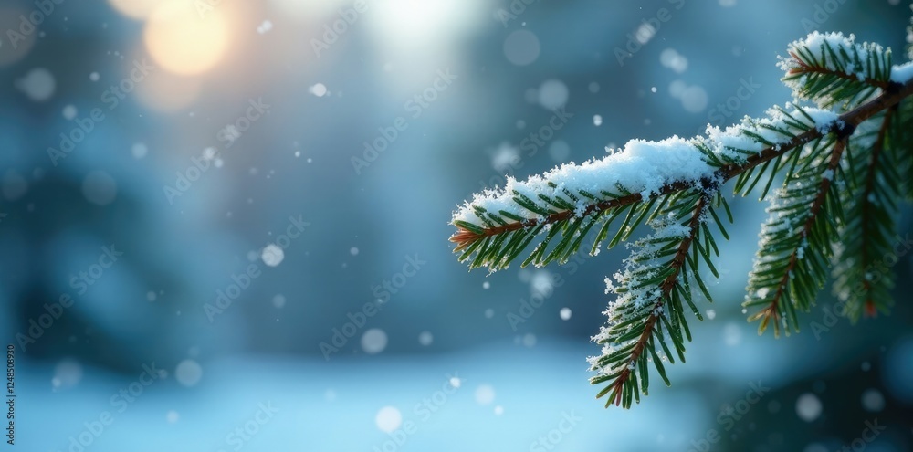 Snowflakes gently fall on a spruce branch in frosty winter air, frost, winter Snowflakes gently fall on a spruce branch in frosty winter air, frost, winter