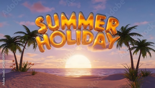 Summer Holiday a fun and vibrant 3D text effect in a cartoon style.
