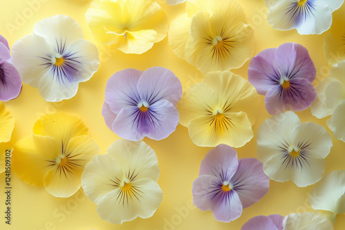 Wallpaper Mural closeup photo of delicate pansy flowers in shades of yellow, purple, and white, artistically scattered on a pastel yellow background  Torontodigital.ca