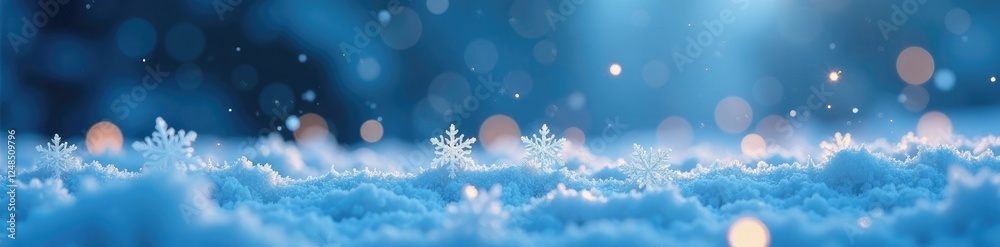 Snowflakes settle on a snowy ground with glowing light on the blue background, icy calm, snowfall, frozen crystals Snowflakes settle on a snowy ground with glowing light on the blue background, icy calm, snowfall, frozen crystals
