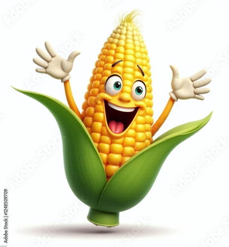Corn Character, Cute 2D Kids Illustration on White Background

