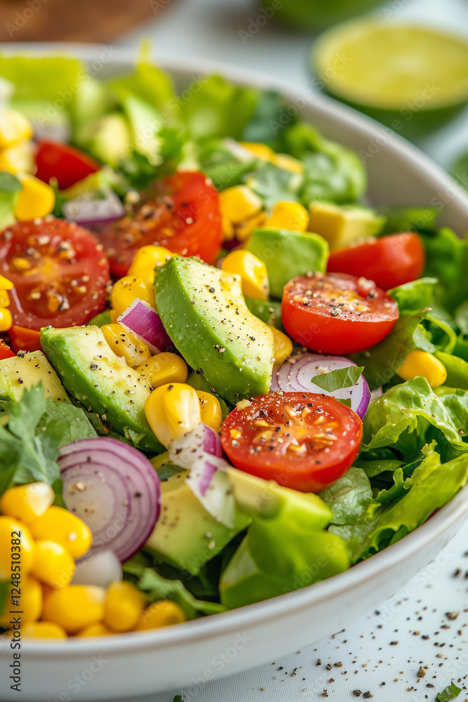 closeup photo of a fresh summer salad in a white ceramic bowl, featuring vibrant chopped romaine lettuce, juicy cherry tomatoes, creamy avocado chunks, sweet corn kernels, and finely diced red onions closeup photo of a fresh summer salad in a white ceramic bowl, featuring vibrant chopped romaine lettuce, juicy cherry tomatoes, creamy avocado chunks, sweet corn kernels, and finely diced red onions