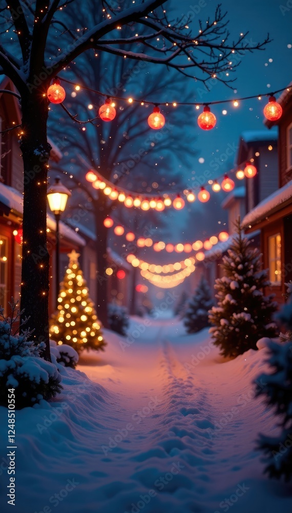 Fototapeta premium Twinkling lights create a festive atmosphere in a winter wonderland, holiday cheer, colorful lights, decoration