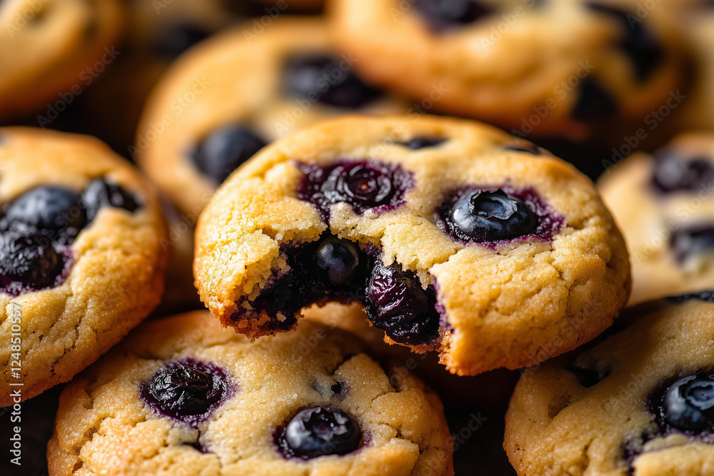closeup photo of freshly baked blueberry cookies, soft and golden with a slightly crisp edge, generously packed with plump, juicy blueberries, one cookie slightly broken revealing its tender interior closeup photo of freshly baked blueberry cookies, soft and golden with a slightly crisp edge, generously packed with plump, juicy blueberries, one cookie slightly broken revealing its tender interior