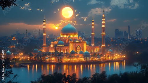 Majestic Mosque with Blue Domes and Minarets Illuminated at Sunset

