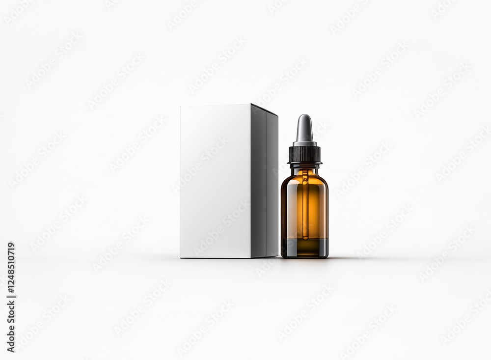 Brown dropper bottle and white box on a clean white background. Abstract minimalist product shot for cosmetic or pharmaceutical purposes. Brown dropper bottle and white box on a clean white background. Abstract minimalist product shot for cosmetic or pharmaceutical purposes.