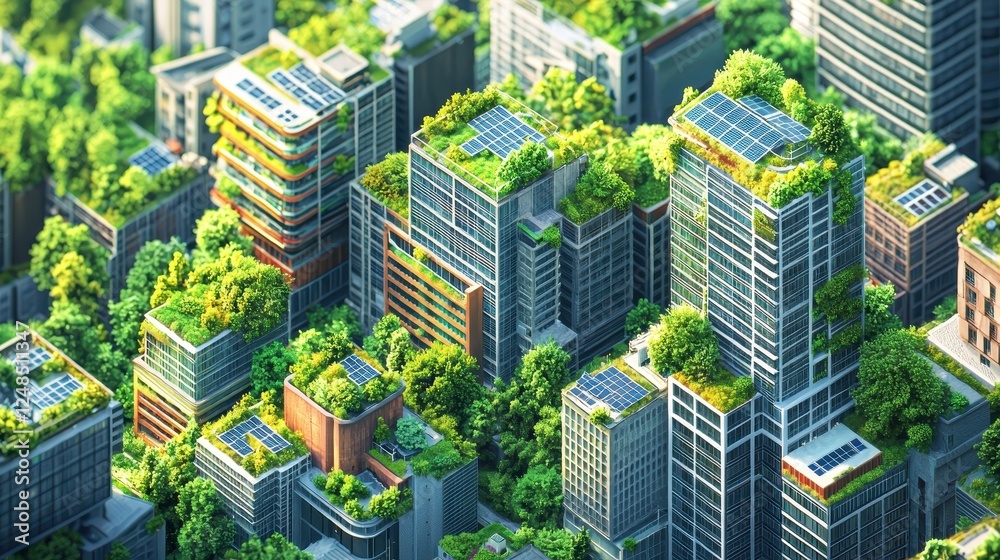 Fototapeta premium A city with many buildings and trees on top of them