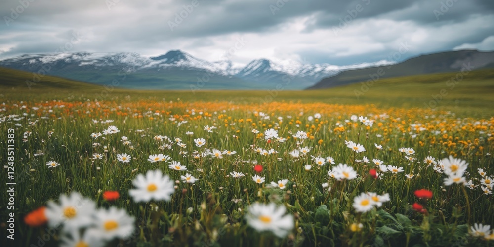 Fototapeta premium A beautiful field filled with colorful wildflowers. The majestic mountains rise in the background under a cloudy sky. This scenic landscape invites peace and reflection. AI
