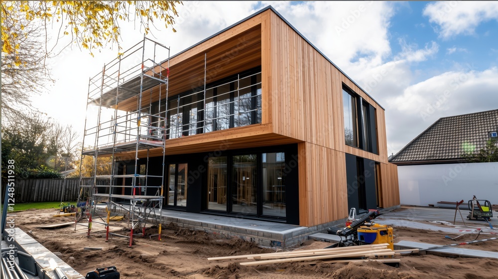 Fototapeta premium Modern Wooden House Under Construction with Scaffolding and Sanded Ground, Showcasing Innovative Architectural Design and Warm Natural Materials