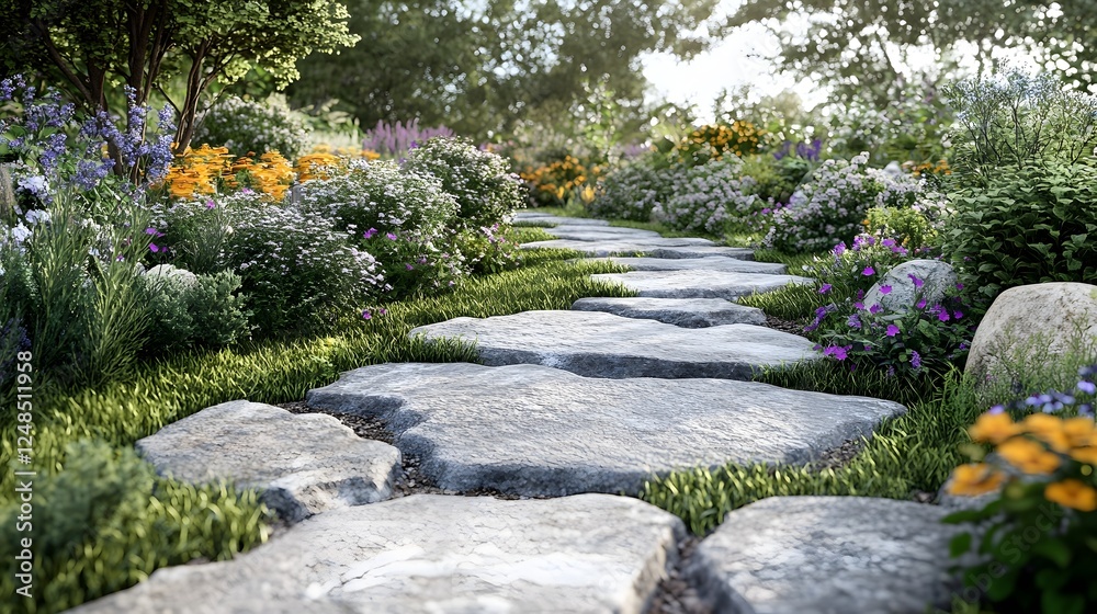 Winding Stone Pathway Through Thriving Sustainable Garden with Native Plants Winding Stone Pathway Through Thriving Sustainable Garden with Native Plants