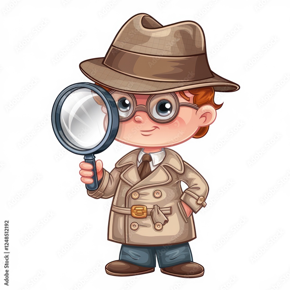 a cartoon illustration of a young detective, wearing a trench coat and fedora, holding a magnifying glass. The detective's face is filled with determination, ready to solve the case a cartoon illustration of a young detective, wearing a trench coat and fedora, holding a magnifying glass. The detective's face is filled with determination, ready to solve the case