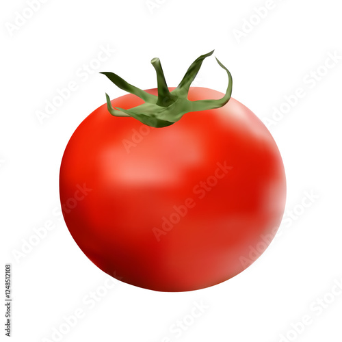 Realistic digital illustration of a fresh tomato with green leaves, isolated on a white background