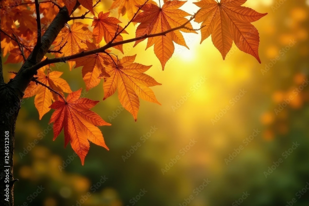 Autumnal leaves and branches in a warm golden light, golden hues, tree foliage, leafy greens Autumnal leaves and branches in a warm golden light, golden hues, tree foliage, leafy greens