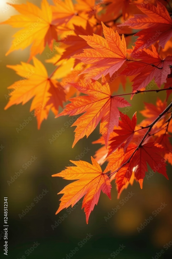 Autumnal scene with orange maple leaves against soft focus background, tree, yellow, red Autumnal scene with orange maple leaves against soft focus background, tree, yellow, red