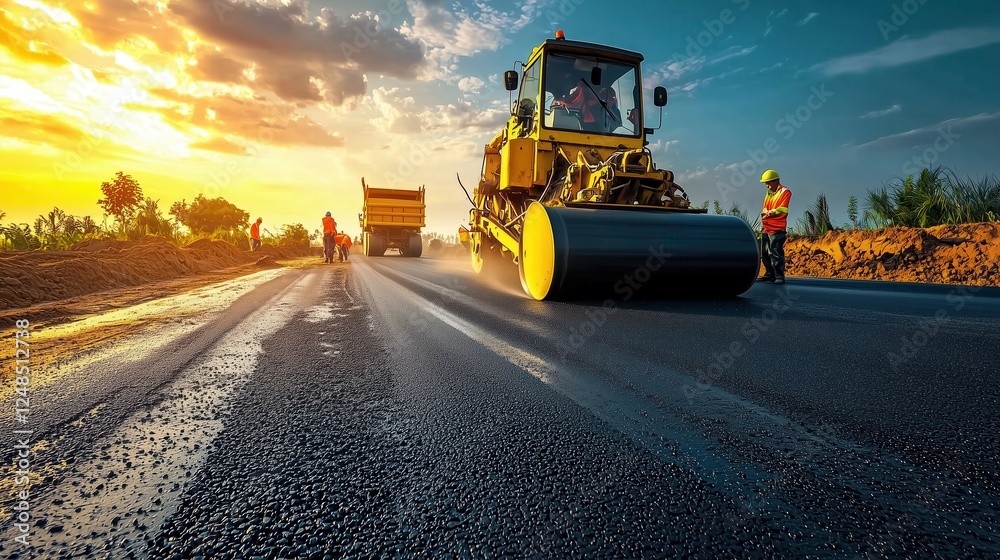 Construction workers operating heavy machinery on a freshly asphalted road with vibrant sunset and industrial scenery