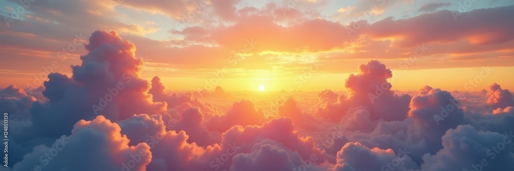 Golden hues illuminate vast panoramic sky, fluffy clouds drift in vibrant colors , image, heavenly, radiant
