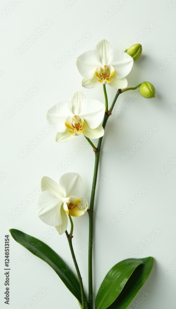 Obraz premium Delicate orchid branch with curved stems and lush green leaves against a crisp white background, green, still life, white
